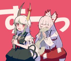 Rule 34 | 2girls, bow, breasts, cleavage, closed eyes, dress, ex-keine, fujiwara no mokou, green dress, green hair, hair bow, holding, holding scroll, holding tail, horn bow, horn ornament, horns, itomugi-kun, kamishirasawa keine, long hair, long sleeves, looking at viewer, multicolored hair, multiple girls, open mouth, pants, pink background, red bow, red eyes, red neckwear, red pants, scroll, shirt, short sleeves, simple background, sitting, smelling, suspenders, sweatdrop, tail, touhou, two-tone hair, white bow, white hair, white shirt