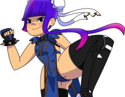 Rule 34 | 1girl, absurdres, alternate costume, bare hips, black eyes, black gloves, black thighhighs, blue dress, bracelet, breasts, bun cover, capcom, china dress, chinese clothes, chun-li, chun-li (cosplay), commentary request, cosplay, double bun, dress, fighting stance, fingerless gloves, glitch techs, gloves, hair bun, highres, jewelry, long hair, looking at viewer, miko kubota, panties, pelvic curtain, purple hair, revealing clothes, sideless outfit, simple background, small breasts, smile, solo, spiked bracelet, spikes, standing, stikyfinkaz, street fighter, street fighter v, thick thighs, thighhighs, thighs, transparent background, underwear, white background