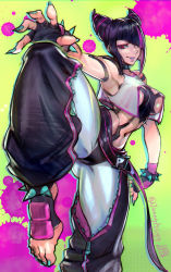 Rule 34 | 1girl, abs, absurdres, asymmetrical bangs, baggy pants, bare shoulders, belt, black hair, breasts, capcom, collar, commentary, cone hair bun, cropped jacket, feet, fingerless gloves, fingernails, gloves, hair bun, hair horns, hair over one eye, han juri, highres, juaag acgy, knee up, lipstick, makeup, multicolored hair, nail polish, navel, one eye covered, paint splatter, pants, parted lips, red eyes, short hair, smile, solo, spiked anklet, spiked collar, spiked gloves, spikes, streaked hair, street fighter, street fighter 6, toeless footwear, twitter username, underboob