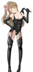 Rule 34 | 10s, 1girl, bare shoulders, black gloves, blush, boots, bow, breasts, brown eyes, cleavage, elbow gloves, fishnet thighhighs, fishnets, gloves, grey hair, hair bow, hand on own hip, head tilt, high heel boots, high heels, highres, holding, holding whip, leather, leather boots, leather gloves, licking lips, long hair, looking at viewer, love live!, love live! school idol project, medium breasts, minami kotori, nise shelif, no bra, pantyhose, pink bow, side ponytail, simple background, smile, solo, standing, thigh boots, thighhighs, tongue, tongue out, underwear, whip, white background