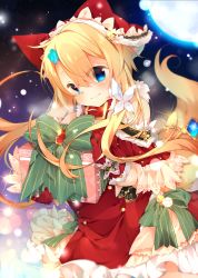 Rule 34 | 1girl, bad id, bad pixiv id, blonde hair, blue eyes, box, carrying, christmas, detached sleeves, fox tail, gift, gift box, hair ornament, hairclip, hat, kazato fuuchi, long hair, looking at viewer, original, smile, solo, tail