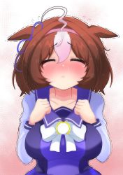 Rule 34 | :&lt;, absurdres, ahoge, animal ears, blush, breasts, commentary request, closed eyes, hair ornament, headband, highres, hiro (05112423), horse ears, incoming kiss, large breasts, medium hair, meisho doto (umamusume), school uniform, shaking, simple background, tracen school uniform, umamusume