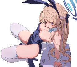 Rule 34 | 1girl, animal ears, blonde hair, blue archive, blue eyes, blue footwear, blue leotard, blush, bow, bowtie, breasts, commentary request, detached collar, fake animal ears, fake tail, fu-ta, halo, headset, high heels, highres, leotard, long hair, looking at viewer, medium breasts, multicolored hair, official alternate costume, playboy bunny, rabbit ears, simple background, solo, strapless, strapless leotard, streaked hair, tail, thighhighs, toki (blue archive), toki (bunny) (blue archive), white background, white thighhighs, wrist cuffs