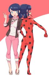 Rule 34 | 2girls, :d, aqua eyes, arm behind back, ass, bad id, bad twitter id, blue hair, blush, bodysuit, capri pants, closed mouth, domino mask, dual persona, female focus, full body, hand on own hip, jocheong, ladybug (character), long hair, long sleeves, looking at viewer, looking back, low twintails, magical girl, marinette dupain-cheng, mask, miraculous ladybug, multiple girls, neck, open mouth, pants, pink pants, polka dot, red bodysuit, shoes, short hair, short twintails, smile, standing, superhero costume, twintails, two-tone background, v