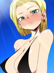 Rule 34 | 1girl, android 18, bikini, bikini top only, blonde hair, blue eyes, blush, breasts, cleavage, closed mouth, dragon ball, dragonball z, earrings, highres, jewelry, large breasts, looking at viewer, oimanji, short hair, simple background, solo, swimsuit