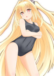 Rule 34 | 10s, 1girl, absurdres, bad id, bad pixiv id, black one-piece swimsuit, blonde hair, blush, covered navel, gennsuikyou, highres, konjiki no yami, long hair, one-piece swimsuit, open mouth, red eyes, school swimsuit, solo, swimsuit, to love-ru, to love-ru darkness