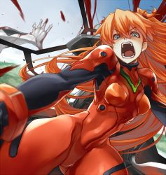 Rule 34 | 1990s (style), 1girl, angry, bad id, bad pixiv id, blood, blue eyes, bodysuit, cockpit, the end of evangelion, foreshortening, furious, long hair, looking at viewer, neon genesis evangelion, open mouth, orange hair, plugsuit, retro artstyle, solo, souryuu asuka langley, tef