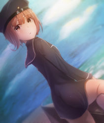 Rule 34 | 10s, 1girl, beret, brown eyes, brown hair, clothes writing, dress, dutch angle, from behind, hat, kantai collection, looking at viewer, minarai shachou, sailor dress, short hair, solo, z3 max schultz (kancolle)