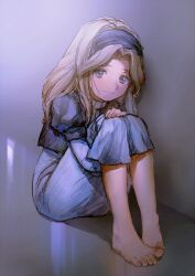 Rule 34 | 1girl, against wall, aoki (fumomo), barefoot, blonde hair, blue dress, blue eyes, blue hairband, blue jacket, blush, closed mouth, cropped jacket, dress, feet, female focus, full body, grey background, hair intakes, hairband, hand on own knee, hugging own legs, jacket, knees up, leaning to the side, legs together, light blush, long hair, looking at viewer, maria robotnik, on floor, puffy short sleeves, puffy sleeves, short sleeves, sidelocks, sitting, solo, sonic (series), toes