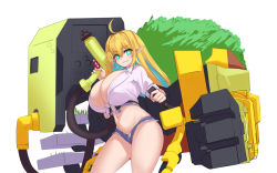 Rule 34 | 1girl, ahoge, aqua eyes, blonde hair, blush, breasts, cho!cho!, cleavage, curvy, elf, elven forest maker, green eyes, gun, highres, hotpants, huge breasts, large breasts, last origin, long hair, looking at viewer, midriff, navel, pointy ears, shirt, short shorts, shorts, smile, solo, symbol-shaped pupils, thick thighs, thighs, tied shirt, weapon, white background