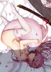 Rule 34 | 1girl, absurdres, animal ears, artist name, bed, benghuai xueyuan, between legs, blue eyes, breasts, cherry blossoms, closed mouth, fox ears, fox girl, fox tail, full body, hair ornament, hand fan, highres, honkai (series), katana, long hair, looking at viewer, lying, medium breasts, nipples, nude, on back, on side, petals, pillow, pink hair, sheath, sheathed, smile, solo, sword, tail, tail between legs, thighhighs, weapon, white thighhighs, yae sakura, yeming