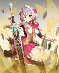 Rule 34 | 1girl, apron, armor, ascot, blunt bangs, braid, braided bangs, breasts, cleavage, cowboy shot, favonius greatsword (genshin impact), flower, gauntlets, genshin impact, greatsword, green eyes, grey hair, hair flower, hair ornament, highres, holding, holding sword, holding weapon, looking at viewer, maid, maid apron, maid headdress, medium breasts, noelle (genshin impact), qixi cui xing, red ascot, rose, short hair, shoulder armor, solo, sword, weapon