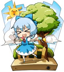 Rule 34 | &gt; &lt;, 1girl, bad id, bad pixiv id, blue hair, bow, cirno, closed eyes, female focus, food, hair bow, ice cream, murasakiimo, nature, outdoors, popsicle, sky, solo, sun, embodiment of scarlet devil, touhou, tree, watermelon bar