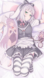 Rule 34 | 1girl, animal ears, apron, black dress, black thighhighs, blush, breasts, character print, closed mouth, commentary request, commission, dakimakura (object), dress, erina (rabi-ribi), green eyes, highres, irisu (rabi ribi), knees up, paid reward available, pillow, puffy short sleeves, puffy sleeves, rabbit ears, rabbit girl, rabi-ribi, rkrk, short dress, short hair, short sleeves, skeb commission, small breasts, solo, striped clothes, striped thighhighs, thighhighs, waist apron, white apron, white hair, white thighhighs