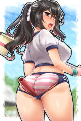Rule 34 | 1girl, alternate costume, ass, ass cutout, ass focus, between buttocks, blue sky, blush, border, breasts, brown eyes, brown hair, buruma, clothing cutout, commentary request, cowboy shot, crop top, curly hair, day, double vertical stripe, from behind, furrowed brow, gym shirt, hair between eyes, highres, holding, kantai collection, lace, lace-trimmed panties, lace trim, large breasts, long hair, looking at viewer, looking back, multicolored hair, naganami (kancolle), nose blush, object request, open mouth, outdoors, outside border, panties, pink hair, pink panties, ponytail, raised eyebrow, shirt, short sleeves, sky, solo, standing, striped clothes, striped panties, thighs, two-tone hair, underwear, white border, white shirt, yoshi tama