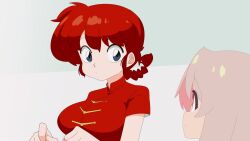 Rule 34 | 2girls, blue eyes, braid, breasts, chinese clothes, crossover, genderswap, genderswap (mtf), grapeanime, highres, large breasts, long hair, looking at another, multiple girls, onii-chan wa oshimai!, orange eyes, oyama mahiro, pink hair, ranma-chan, ranma 1/2, red hair, saotome ranma, single braid, trait connection