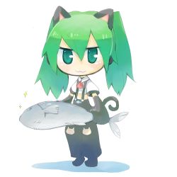 Rule 34 | 1girl, :3, chibi, fish, green eyes, green hair, hatsune miku, lowres, matching hair/eyes, project diva, project diva (series), project diva 2nd, sakutoko, solo, suspenders, twintails, vocaloid