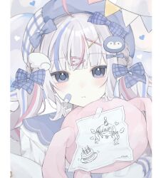 Rule 34 | 1girl, ahoge, bandaid, bandaid on face, beret, birthday cake, blue bow, blue eyes, blue hair, blue hat, blush, bow, cake, closed mouth, drawing (object), food, grey hair, hair bow, hair ornament, hat, heart, highres, hugging object, indie virtual youtuber, long hair, long sleeves, looking at viewer, multicolored hair, niaa, paper, penguin hair ornament, pink hair, sango (35sangosan) (vtuber), solo, streaked hair, string of flags, stuffed animal, stuffed rabbit, stuffed toy, twintails, upper body, virtual youtuber, wing hair ornament, x hair ornament