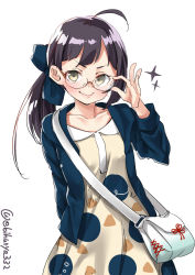 Rule 34 | 1girl, ahoge, alternate costume, bag, bespectacled, black hair, blue jacket, blunt bangs, closed mouth, collarbone, collared dress, commentary request, cowboy shot, cross-laced bag, dress, ebifurya, flower knot, fujinami (kancolle), glasses, hand up, handbag, highres, jacket, kantai collection, long hair, long sleeves, looking at viewer, open clothes, open jacket, peter pan collar, print dress, ribbon, round eyewear, shoulder bag, side ponytail, simple background, smile, solo, sparkle, strap, twitter username, v-shaped eyebrows, white background, white bag, yellow dress, yellow eyes