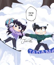 Rule 34 | 1boy, 1girl, absurdres, artist name, black gloves, black hair, black pants, character name, chibi, commentary, english text, flower, full body, gloves, goggles, green jacket, hair flower, hair ornament, highres, holding hands, j humbo, jacket, komi-san wa komyushou desu, komi shouko, long hair, looking to the side, lying, no mouth, no nose, on back, outstretched arms, pants, purple eyes, purple hair, purple jacket, short hair, signature, ski goggles, snow on body, snow on head, snowboard, sweat, tadano hitohito