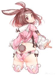 Rule 34 | 10s, 1girl, :3, animal ears, ass, back, blush, boku no hero academia, brown hair, closed mouth, crop top, cropped legs, from behind, hairband, highres, hood, hoodie, kemonomimi mode, long sleeves, looking at viewer, looking back, panties, pink panties, pink thighhighs, plaid, plaid panties, rabbit ears, rabbit girl, rabbit tail, red eyes, ryota (ry o ta), short hair, side-tie panties, signature, simple background, solo, standing, tail, thighhighs, underwear, uraraka ochako, white background