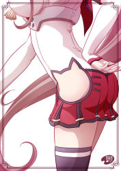Rule 34 | 10s, 1girl, adapted costume, ass, bare hips, black thighhighs, border, breasts, brown hair, cat cutout, clothing cutout, cowboy shot, from side, hakama, hakama short skirt, hakama skirt, hand on own hip, head out of frame, hip vent, japanese clothes, kantai collection, large breasts, long hair, md5 mismatch, miniskirt, no panties, pleated skirt, resolution mismatch, shizuki michiru, side cutout, simple background, skirt, sleeves past wrists, solo, source larger, tassel, thighhighs, underbust, very long hair, white background, yamato (kancolle)