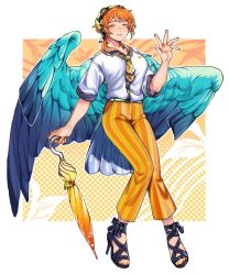 Rule 34 | 1girl, bird girl, bird tail, bird wings, black footwear, blue hair, blue wings, collared shirt, commentary request, feathered wings, freckles, full body, grin, hand up, head scarf, high heels, highres, holding, holding umbrella, jewelry, long hair, looking at viewer, mole, mole under mouth, multicolored hair, orange background, orange hair, orange pants, original, pants, ring, rra (yj), shirt, smile, solo, streaked hair, striped clothes, striped pants, tail, umbrella, waving, white shirt, wings, yellow eyes