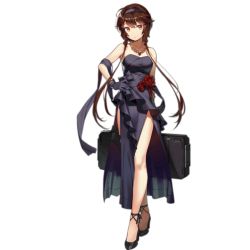 Rule 34 | 1girl, ahoge, alternate hairstyle, arm behind back, black footwear, blush, bow, breasts, brown hair, closed mouth, crossed legs, dress, fangdan runiu, flower, footwear bow, full body, gem, girls&#039; frontline, gloves, hairband, hand on own hip, high heels, holding case, long hair, looking at viewer, low twintails, magazine (weapon), medium breasts, official alternate costume, orange eyes, pelvic curtain, purple dress, purple gloves, purple hairband, red flower, red gemstone, red rose, rose, shawl, shoes, sidelocks, smile, solo, strapless, strapless dress, thigh strap, transparent background, twintails, type 79 (fox steps under star night) (girls&#039; frontline), type 79 (girls&#039; frontline), watson cross, weapon case, wristband