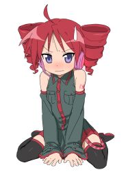 Rule 34 | 1girl, absurdres, ahoge, bare shoulders, blush, boots, cosplay, detached sleeves, drill hair, full body, highres, hiiragi kagami, kasane teto, kasane teto (cosplay), lucky star, purple eyes, red hair, simple background, sitting, sketch, solo, thigh boots, thighhighs, twin drills, utau, wariza, wavy mouth, white background, wuju (1198979953), zettai ryouiki