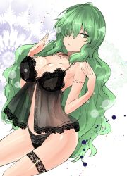 Rule 34 | 1girl, babydoll, bare arms, bare shoulders, black panties, breasts, cleavage, commentary request, cowboy shot, female focus, green eyes, green hair, hair over one eye, hands up, highres, kazami yuuka, kazami yuuka (pc-98), large breasts, lingerie, long hair, looking at viewer, matching hair/eyes, negligee, one-hour drawing challenge, panties, parted lips, solo, thigh strap, thighs, touhou, touhou (pc-98), underwear, underwear only, very long hair, y2