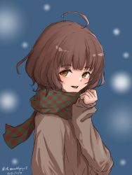 Rule 34 | 1girl, ahoge, blunt bangs, brown coat, brown eyes, brown hair, character name, coat, commentary request, dated, highres, kantai collection, kishinami (kancolle), looking at viewer, night, plaid, plaid scarf, scarf, short hair, snow, solo, translation request, twitter username, umibudou, upper body, wavy hair