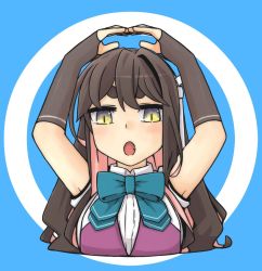 Rule 34 | 1girl, aqua bow, aqua bowtie, black hair, blue background, bow, bowtie, circle, fang, fingerless gloves, gesture, gloves, gradient eyes, kantai collection, long hair, looking at viewer, macbail, multicolored eyes, multicolored hair, naganami (kancolle), naganami kai ni (kancolle), pink hair, purple vest, shirt, short sleeves, solo, thick eyebrows, upper body, vest, wavy hair, white shirt, yellow eyes