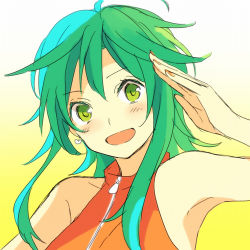 Rule 34 | 1girl, :d, akiyoshi (tama-pete), antenna hair, arm up, armpits, bare arms, bare shoulders, blush, close-up, earrings, fingernails, gradient background, green eyes, green hair, gumi, happy, heart, heart earrings, jewelry, lowres, nail polish, open mouth, orange nails, orange shirt, salute, shaded face, shirt, short hair, short hair with long locks, simple background, sleeveless, sleeveless shirt, smile, solo, upper body, vocaloid, white background, yellow background, zipper