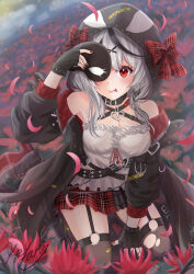 Rule 34 | 1girl, animal hood, belt collar, black collar, black garter straps, black gloves, black hair, black jacket, black thighhighs, breasts, camisole, collar, fingerless gloves, flower, garter straps, gloves, grey hair, hair ornament, highres, holding, holding mask, hololive, hood, jacket, keytan, large breasts, looking at viewer, mask, medium hair, miniskirt, multicolored hair, nail polish, orca hood, red eyes, red flower, red nails, red skirt, sakamata chloe, sakamata chloe (1st costume), skirt, smile, streaked hair, thighhighs, tongue, tongue out, torn clothes, torn thighhighs, two-sided fabric, two-sided jacket, virtual youtuber, white camisole, x hair ornament