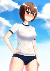 Rule 34 | 10s, 1girl, blush, breasts, brown eyes, brown hair, buruma, cloud, covered navel, girls und panzer, highres, medium breasts, mugen mousou, nipples, nishizumi maho, see-through, short hair, sky, solo, sportswear, standing, wet, wet clothes