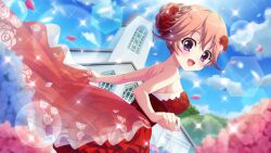 Rule 34 | 1girl, :d, bare shoulders, blue flower, blue petals, blue sky, blurry, blurry foreground, breasts, bride, church, cloud, corset, cross, day, dot nose, dress, dress flower, dutch angle, falling petals, film grain, floral print, flower, from side, game cg, haeno akari, hair bun, hair flower, hair ornament, hair up, hydrangea, izumi tsubasu, large breasts, looking at viewer, looking to the side, non-circular lens flare, non-web source, official art, open mouth, orange hair, outdoors, petals, pink flower, pink petals, print dress, purple eyes, re:stage!, red corset, red dress, red flower, red rose, rose, see-through skirt layer, short hair, sideboob, single hair bun, skirt hold, sky, smile, solo, strapless, strapless dress, sun, tree, wedding, wedding dress