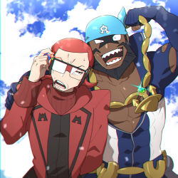 Rule 34 | 2boys, abs, adjusting eyewear, anchor necklace, archie (pokemon), bandana, batabiru, blue bandana, cloud, commentary request, covered abs, creatures (company), dark-skinned male, dark skin, game freak, glasses, hand up, highres, holding, jewelry, long sleeves, looking at viewer, male focus, maxie (pokemon), multiple boys, muscular, muscular male, necklace, nintendo, open mouth, pokemon, pokemon oras, red hair, ribbed sweater, sharp teeth, sky, smile, sweatdrop, sweater, team aqua, team magma, teeth, tongue, upper body