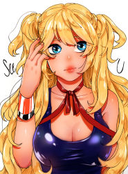 Rule 34 | 1girl, blonde hair, blue dress, blue eyes, breasts, choker, chomong, cleavage, collarbone, dress, highres, lips, long hair, medium breasts, messy hair, ribbon choker, seeu, solo, star-shaped pupils, star (symbol), symbol-shaped pupils, taut clothes, taut dress, two side up, vocaloid
