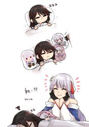 Rule 34 | 2girls, = =, ^ ^, assault lily, bare shoulders, black gloves, black hair, blanket, blanket grab, blunt bangs, blush, character profile, chibi, closed eyes, closed mouth, comic, commentary, cushion, detached sleeves, flower, funada ui, gloves, grey hair, hair down, hair flower, hair ornament, hair ribbon, half gloves, hands on own cheeks, hands on own face, hands up, holding, holding pillow, japanese clothes, long hair, long sleeves, lying, mole, mole above mouth, motion lines, multiple girls, nagasawa yuki (assault lily), nigari (ngari 0115), no mouth, nose blush, notice lines, on back, on side, partially fingerless gloves, pillow, pink flower, print pillow, red ribbon, ribbon, shirt, simple background, sleeping, smile, squiggle, sweatdrop, translated, under covers, upper body, white background, white ribbon, white shirt, wide sleeves, zzz