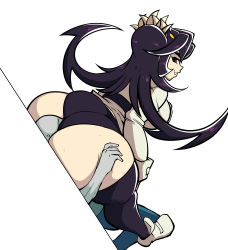 Rule 34 | 1boy, 1girl, absurdres, against wall, ass, bent over, black hair, black panties, black thighhighs, breasts, face in ass, filia (skullgirls), gerard burn, highres, huge ass, long hair, looking at another, looking back, panties, red eyes, shoes, sideboob, skullgirls, smile, sweat, thick thighs, thighhighs, thighs, underwear, white background, wide hips