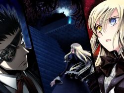 Rule 34 | 1boy, 1girl, akira (kaned fools), black dress, black hair, blonde hair, bow, darkness, dress, eyepatch, formal, frown, game cg, heterochromia, james moriarty, liarsoft, long hair, mary clarissa christie, necktie, open mouth, red eyes, ribbon, shikkoku no sharnoth, sidelocks, spiked hair, stairs, steampunk (liarsoft), suit, surprised, yellow eyes