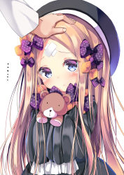 Rule 34 | ..., 1girl, :t, abigail williams (fate), absurdres, black dress, black hat, blonde hair, blue eyes, blush, bow, closed mouth, crossed bandaids, dress, fate/grand order, fate (series), fingernails, hair bow, hand on head, hands up, hat, head tilt, headpat, highres, holding, holding stuffed toy, long hair, long sleeves, looking at viewer, neko pan, orange bow, out of frame, parted bangs, polka dot, polka dot bow, pout, purple bow, simple background, sleeves past fingers, sleeves past wrists, solo focus, stuffed animal, stuffed toy, teddy bear, very long hair, white background