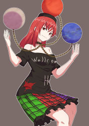 Rule 34 | 1girl, black choker, chain, choker, closed mouth, clothes writing, earth (ornament), grey background, heart, hecatia lapislazuli, highres, kakone, looking at viewer, medium hair, moon (ornament), multicolored clothes, multicolored skirt, off-shoulder shirt, off shoulder, one-hour drawing challenge, plaid, plaid skirt, red eyes, red hair, shirt, simple background, skirt, smile, solo, t-shirt, touhou