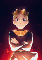 Rule 34 | 1boy, artist name, belt, blonde hair, blue eyes, brown belt, closed mouth, commentary request, crossed arms, crown, daida, dark background, frown, highres, long sleeves, looking at viewer, male focus, ousama ranking, parted bangs, prince, red background, serious, shirt, short hair, signature, solo, standing, tunic, v-shaped eyebrows, yuyu (yuyudesu0806)