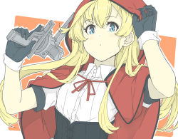 Rule 34 | 1girl, abukuma (kancolle), black gloves, blonde hair, blue eyes, cape, capelet, cosplay, gloves, grimm&#039;s fairy tales, hair down, hood, hood up, hooded cape, hooded capelet, kantai collection, little red riding hood, little red riding hood (grimm), little red riding hood (grimm) (cosplay), long hair, ninimo nimo, official alternate costume, red cape, red hood, solo, upper body