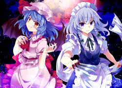 Rule 34 | &gt;:), 2girls, apron, ascot, bat wings, between fingers, blue dress, blue eyes, blue hair, blush, braid, brooch, closed mouth, collar, cowboy shot, dagger, dress, e.o., fang, fang out, female focus, foreshortening, frilled shirt collar, frills, full moon, gem, glint, hat, hat ribbon, holding, holding weapon, izayoi sakuya, jewelry, knife, looking at viewer, maid, maid apron, maid headdress, mob cap, moon, multiple girls, outstretched arm, pink shirt, pink skirt, puffy short sleeves, puffy sleeves, red eyes, red moon, remilia scarlet, ribbon, blue gemstone, shirt, short hair, short sleeves, silver hair, skirt, smile, throwing knife, tooth, touhou, twin braids, v-shaped eyebrows, vampire, waist apron, weapon, white apron, wings