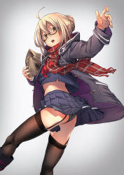 Rule 34 | 1girl, :o, ahoge, artoria pendragon (fate), ass, bag, blonde hair, braid, fate/grand order, fate (series), fu-ta, garter straps, glasses, gradient background, highres, looking at viewer, looking back, miniskirt, mysterious heroine x alter (fate), mysterious heroine x alter (first ascension) (fate), panties, pleated skirt, scarf, skindentation, skirt, solo, thighhighs, underwear, wind, yellow eyes