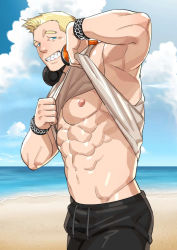 Rule 34 | &gt; o, 1boy, abs, arm up, bara, beach, black pants, blonde hair, blue eyes, bracelet, clothes lift, cloud, cloudy sky, day, earrings, ero condo, headphones, headphones around neck, highres, jewelry, kienbiu, large pectorals, lifted by self, looking at viewer, male focus, muscular, muscular male, navel, nipples, official art, one eye closed, outdoors, pants, pectorals, sharp teeth, short hair, sky, smile, solo, suplex (ero condo), tank top, teeth, white tank top