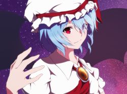 Rule 34 | 1girl, aono meri, ascot, bad id, bad pixiv id, bat wings, blue hair, fang, gradient background, hat, hat ribbon, looking at viewer, mob cap, puffy sleeves, red eyes, remilia scarlet, ribbon, short hair, short sleeves, smile, solo, star (sky), touhou, upper body, wings
