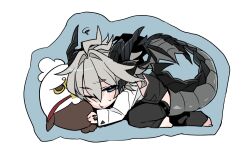 Rule 34 | 1boy, alternate eye color, barefoot, black horns, black pants, black vest, blue eyes, chibi, chibi only, clothing cutout, command spell, curled horns, dragon boy, dragon horns, dragon tail, dragon wings, fate/apocrypha, fate (series), grey tail, grey wings, hair between eyes, haoro, hippogriff, horns, hugging object, large tail, light blush, lightning ahoge, male focus, one eye closed, pants, sieg (fate), solo, stuffed animal, stuffed toy, sweatdrop, swirl, tail, tail through clothes, vest, white background, white sleeves, wings
